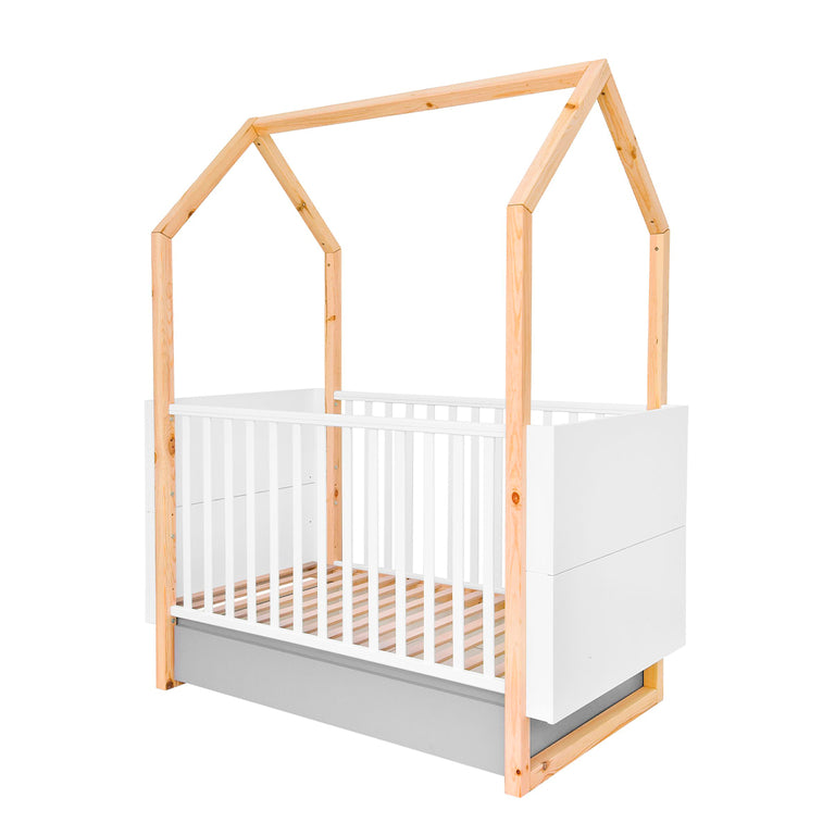 Lit évolutif cabane 70x140 et commode 3 tiroirs Bellamy Pinette Blanc et gris - vue 3