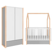 Lit évolutif cabane 70x140 et armoire 2 portes Bellamy Pinette Blanc et gris
