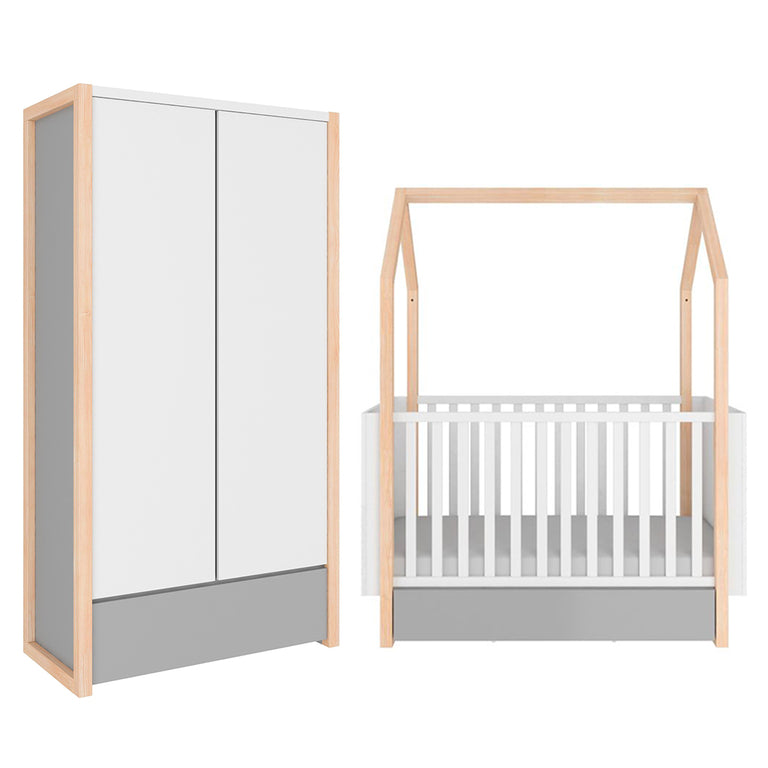 Lit évolutif cabane 70x140 et armoire 2 portes Bellamy Pinette Blanc et gris