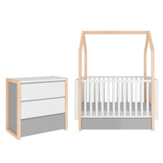 Lit évolutif cabane 70x140 et commode 3 tiroirs Bellamy Pinette Blanc et gris