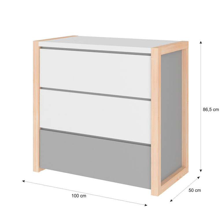 Lit évolutif cabane 70x140 et commode 3 tiroirs Bellamy Pinette Blanc et gris - vue 9