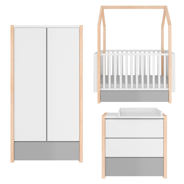 Chambre complète lit évolutif cabane 70x140 commode à langer et armoire 2 portes Bellamy Pinette Blanc et gris - vue 2