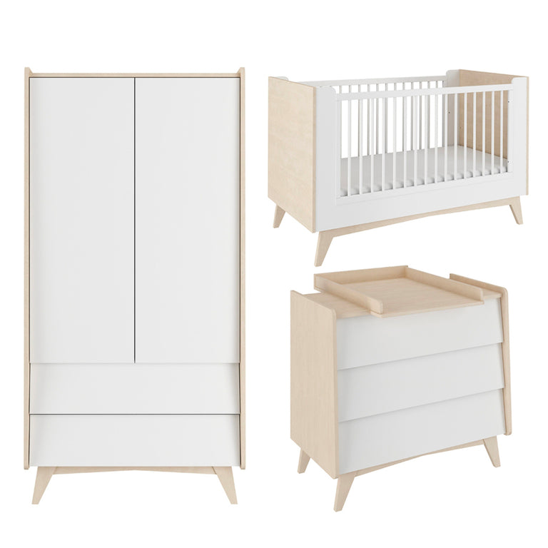 Chambre complète lit évolutif 70x140 commode à langer et armoire 2 portes Bellamy So Sixty Blanc et bois - vue 2
