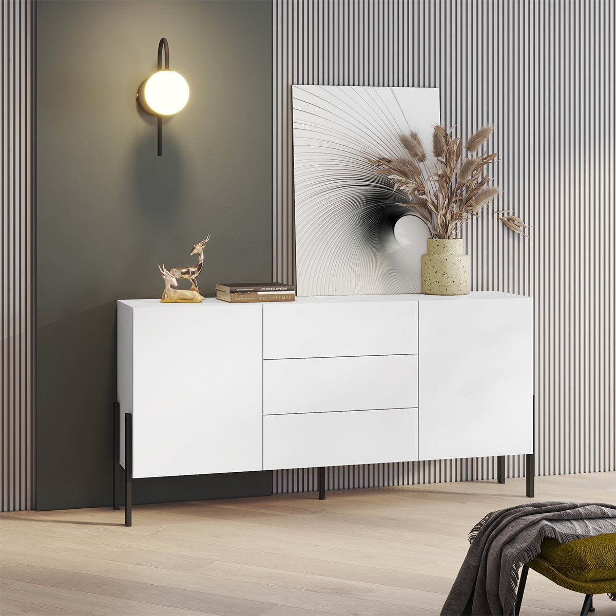 Buffet long 2 portes 3 tiroirs Bérénice Blanc - vue 3