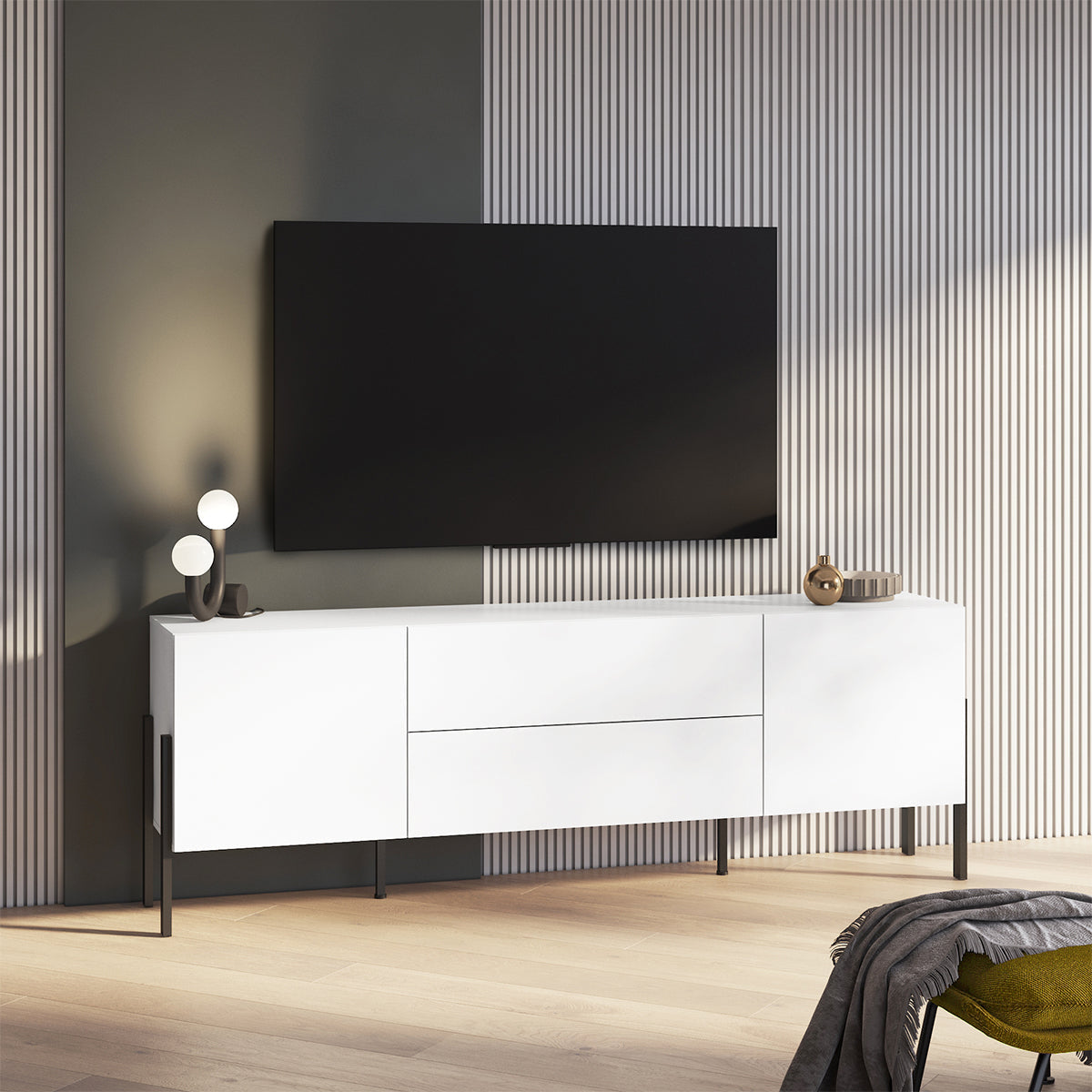 Meuble TV 2 portes 2 tiroirs 200 cm Bérénice Blanc - vue 3