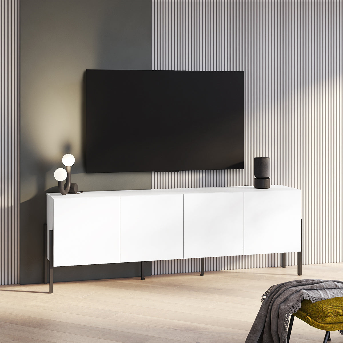 Meuble TV 4 portes 200 cm Bérénice Blanc - vue 3