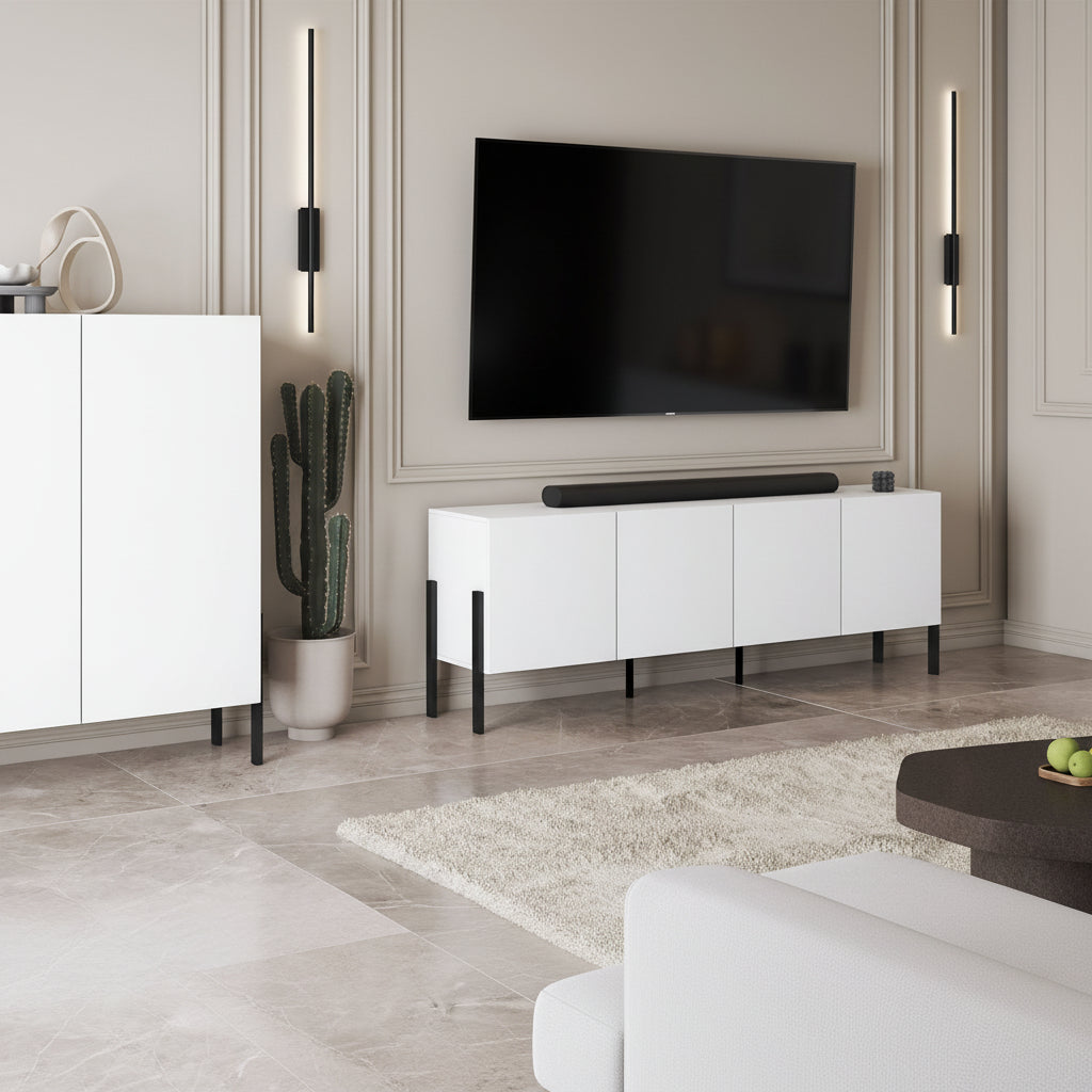 Meuble TV 4 portes 200 cm Bérénice Blanc