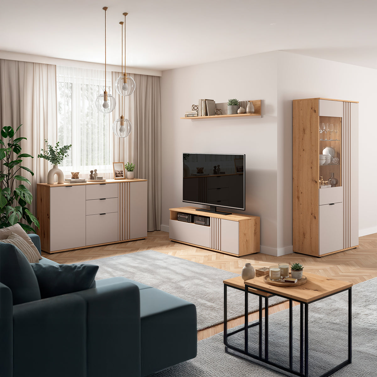 Meuble TV 1 porte 1 tiroir 135 cm Ezra Cachemire et Bois - vue 4