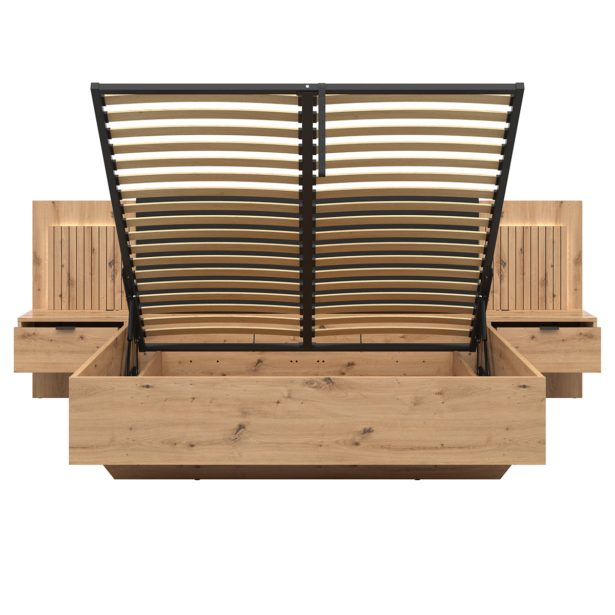 Lit coffre 160x200 sommier chevets LED et prises USB inclus Mao Bois - vue 2