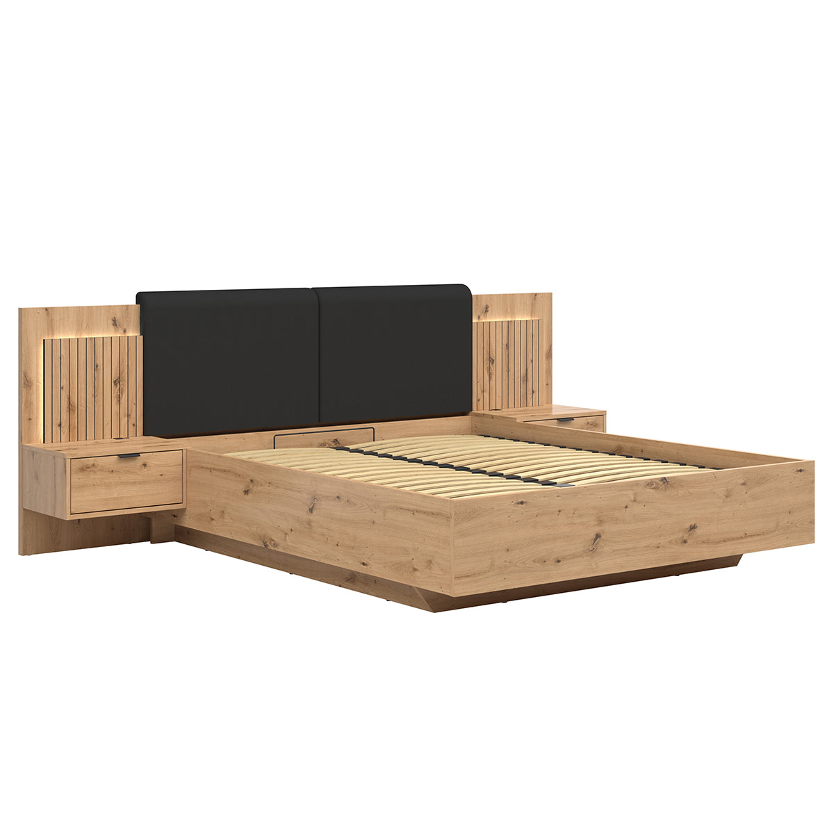 Lit coffre 160x200 sommier chevets LED et prises USB inclus Mao Bois - vue 3