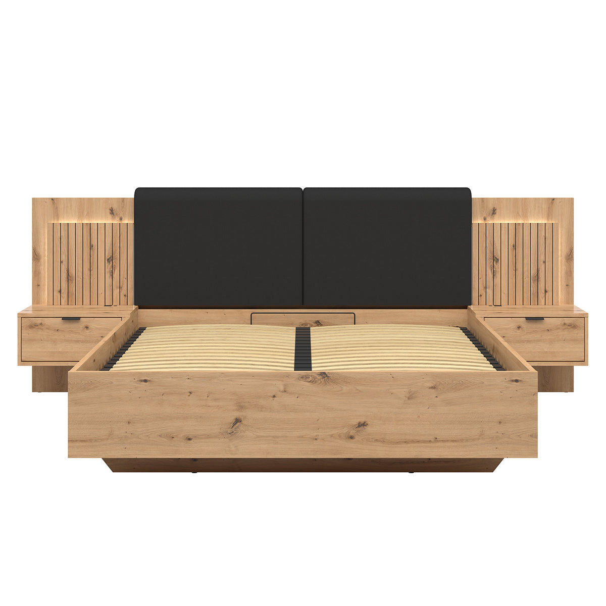 Lit coffre 160x200 sommier chevets LED et prises USB inclus Mao Bois - vue 4