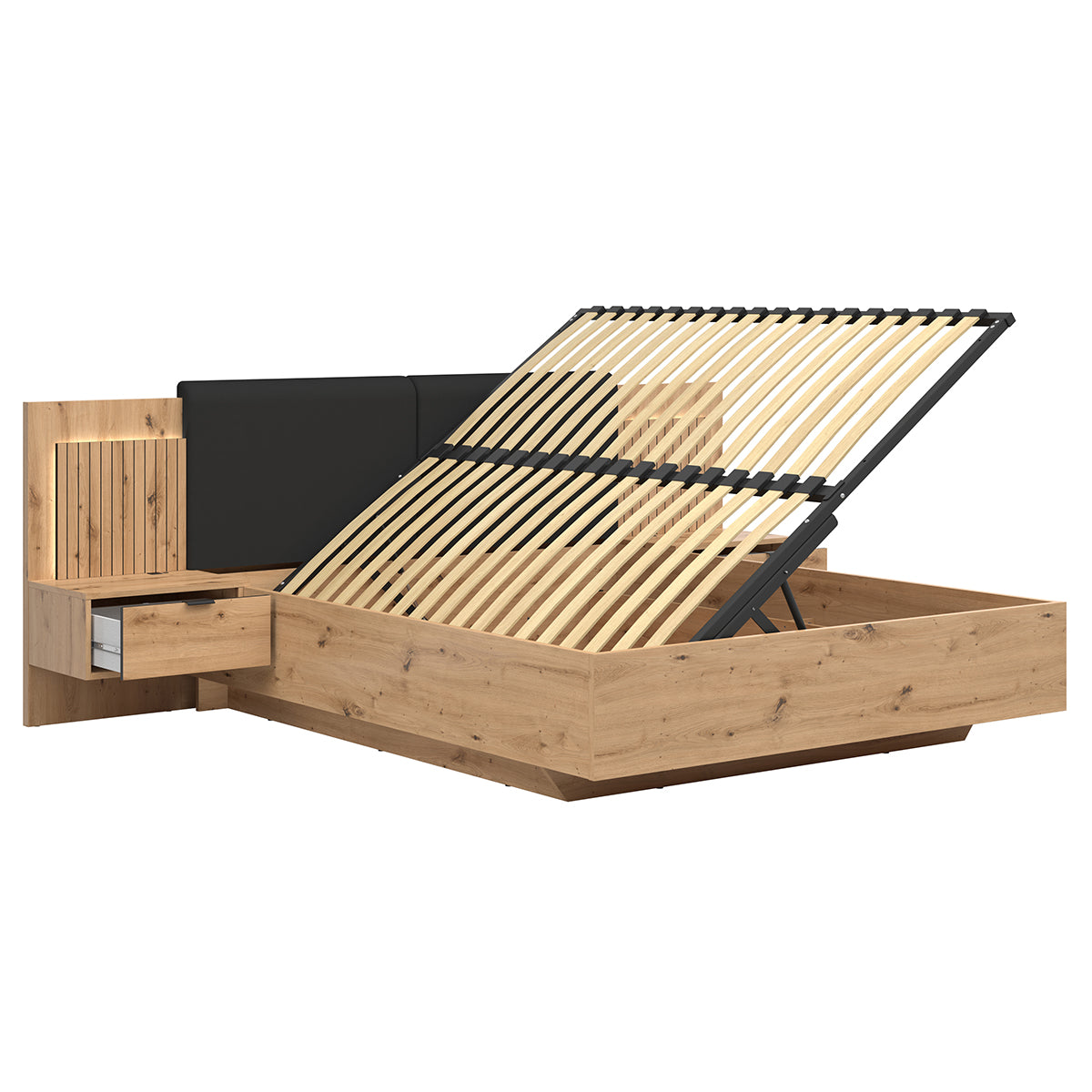 Lit coffre 160x200 ouverture latérale sommier chevets LED et prises USB inclus Mao Bois