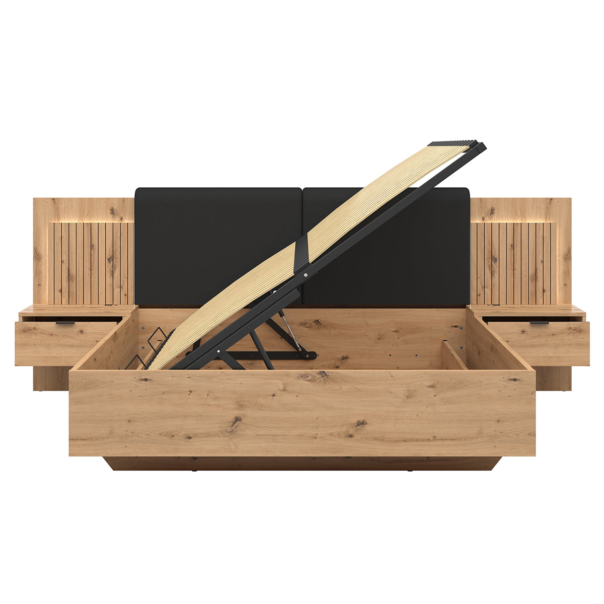 Lit coffre 160x200 ouverture latérale sommier chevets LED et prises USB inclus Mao Bois - vue 2