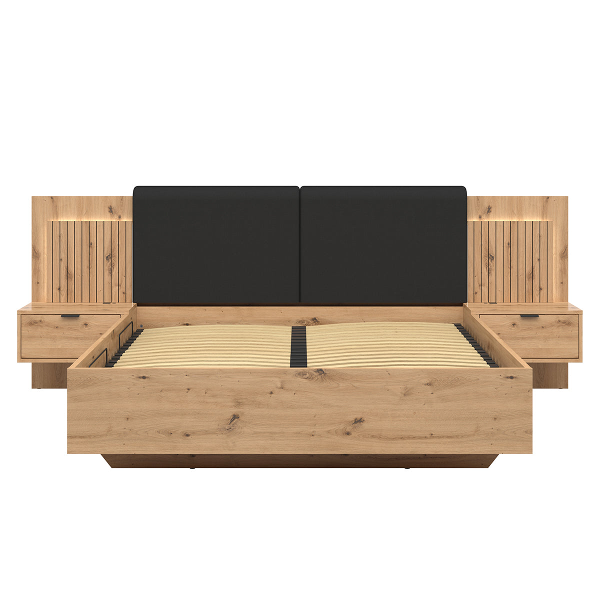 Lit coffre 160x200 ouverture latérale sommier chevets LED et prises USB inclus Mao Bois - vue 4