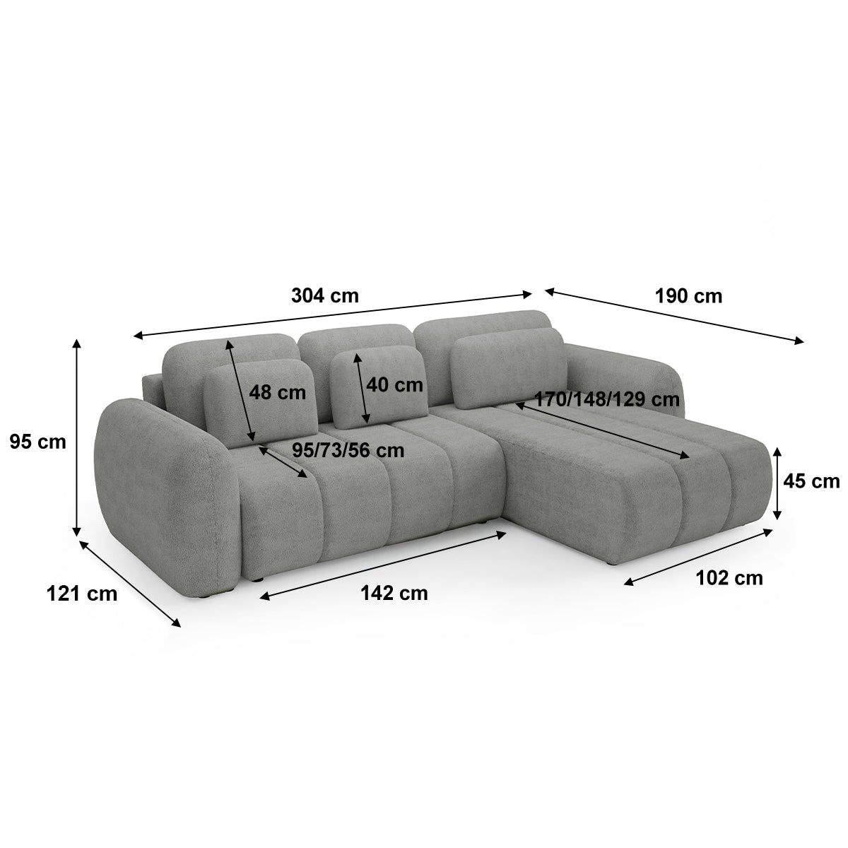 Canapé d'angle réversible et convertible 3 places avec coffre Cesar Gris clair - vue 8