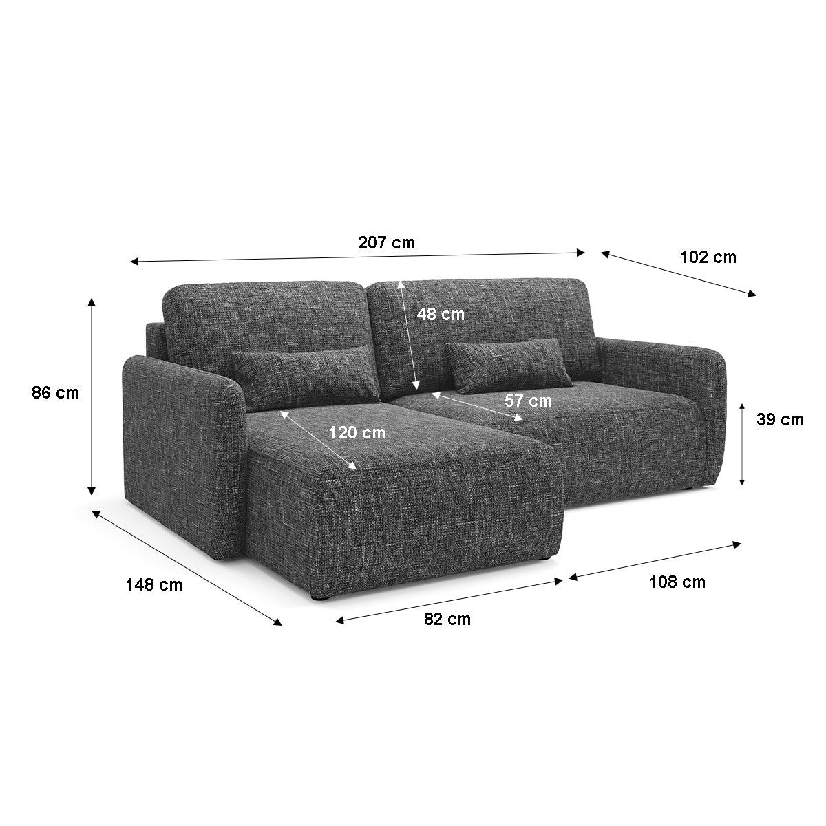 Canapé d'angle réversible et convertible 3 places avec coffre Lazare Gris foncé - vue 7
