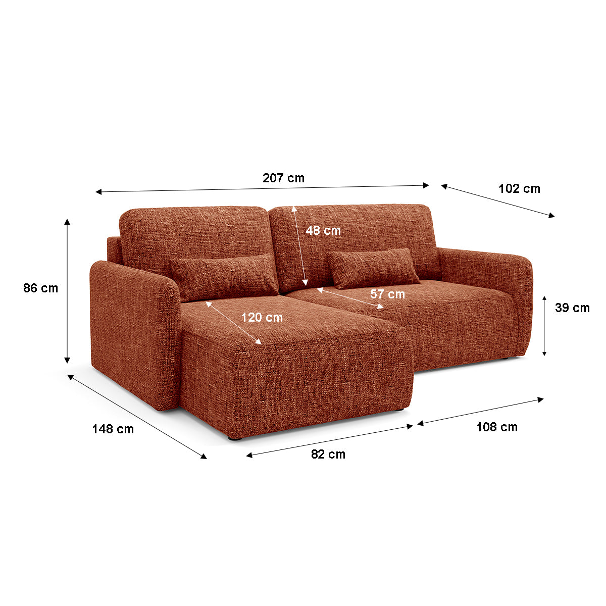 Canapé d'angle réversible et convertible 3 places avec coffre Lazare Terracotta - vue 6