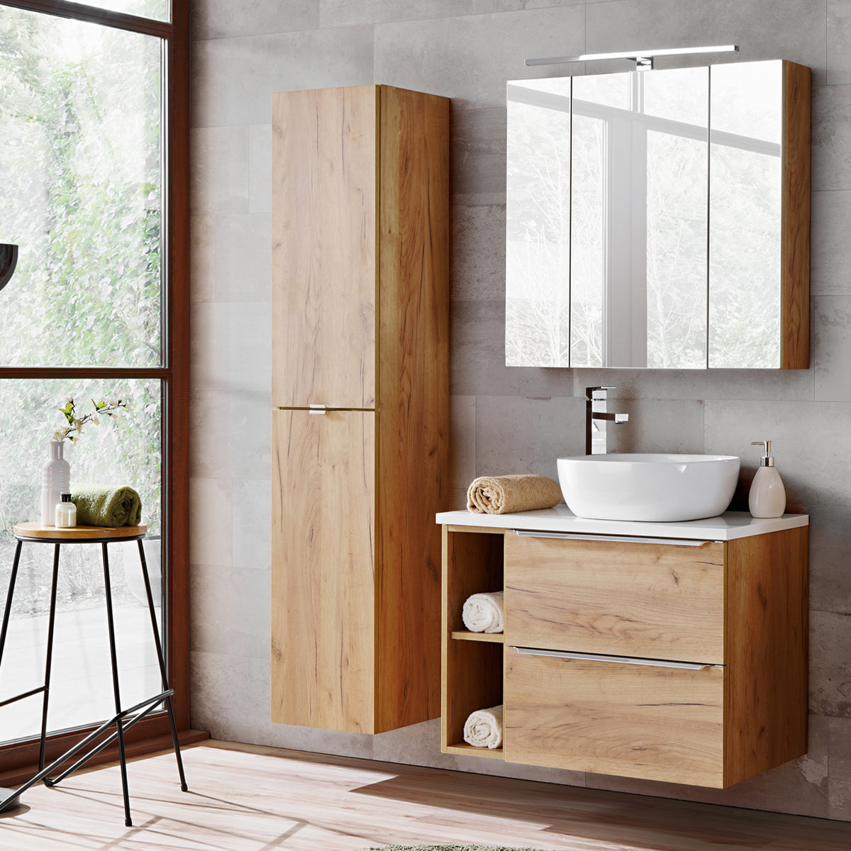 Meuble simple vasque 80cm 2 niches April Bois et Blanc - vue 5