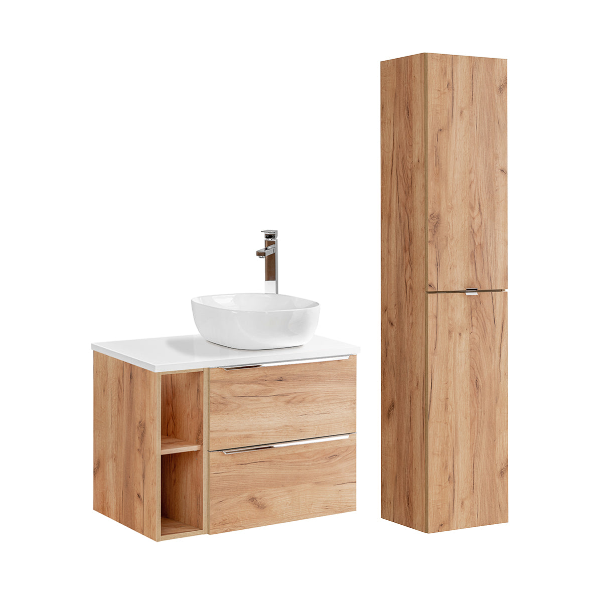 Ensemble meuble simple vasque 80cm 2 niches et colonne April Bois et Blanc - vue 2
