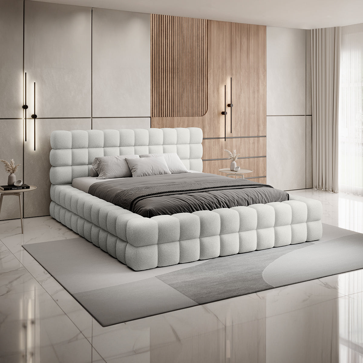 Lit coffre 160x200 sommier inclus Cloud tissu bouclette Blanc - vue 2