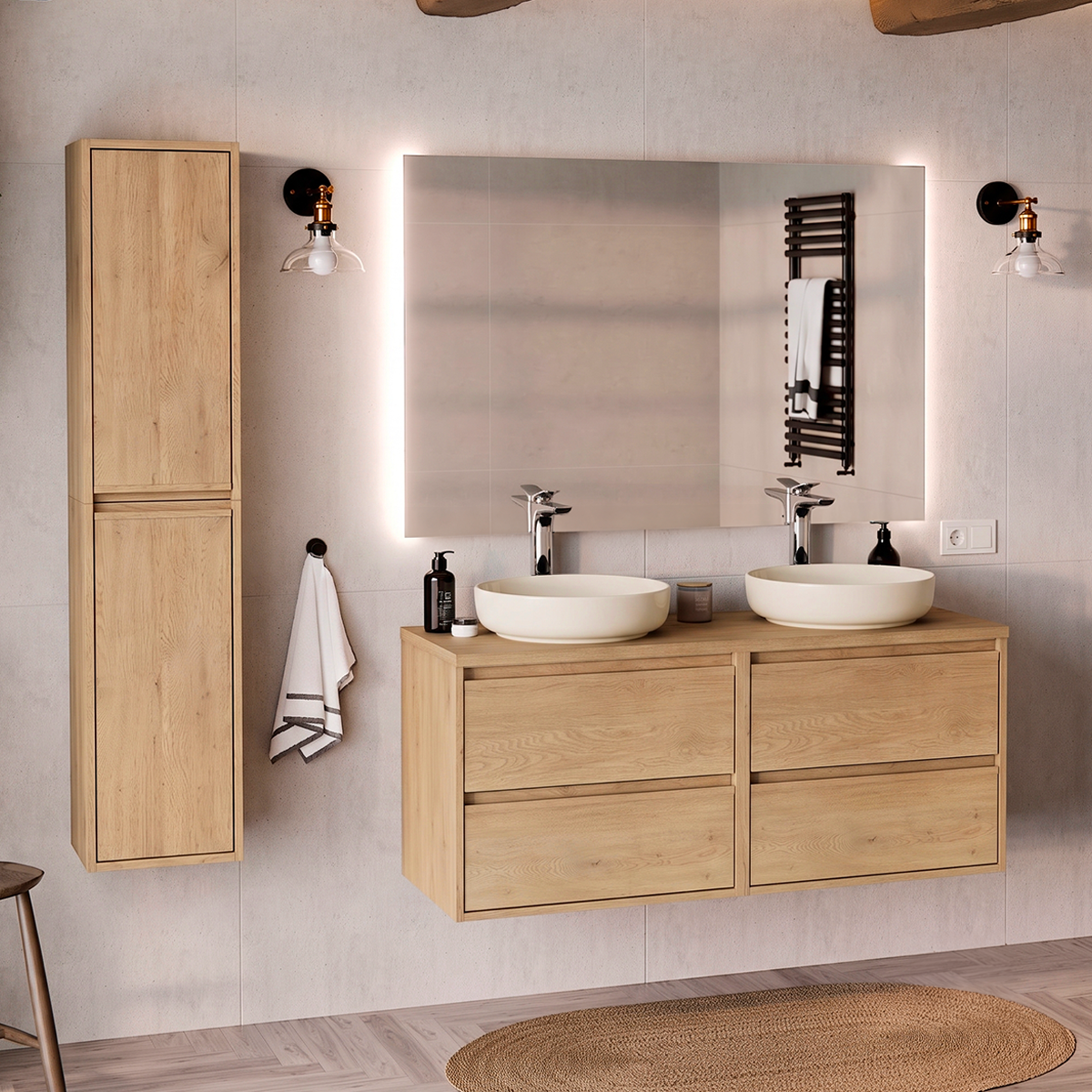 Ensemble meuble double vasque 120cm et colonne Edmé Bois