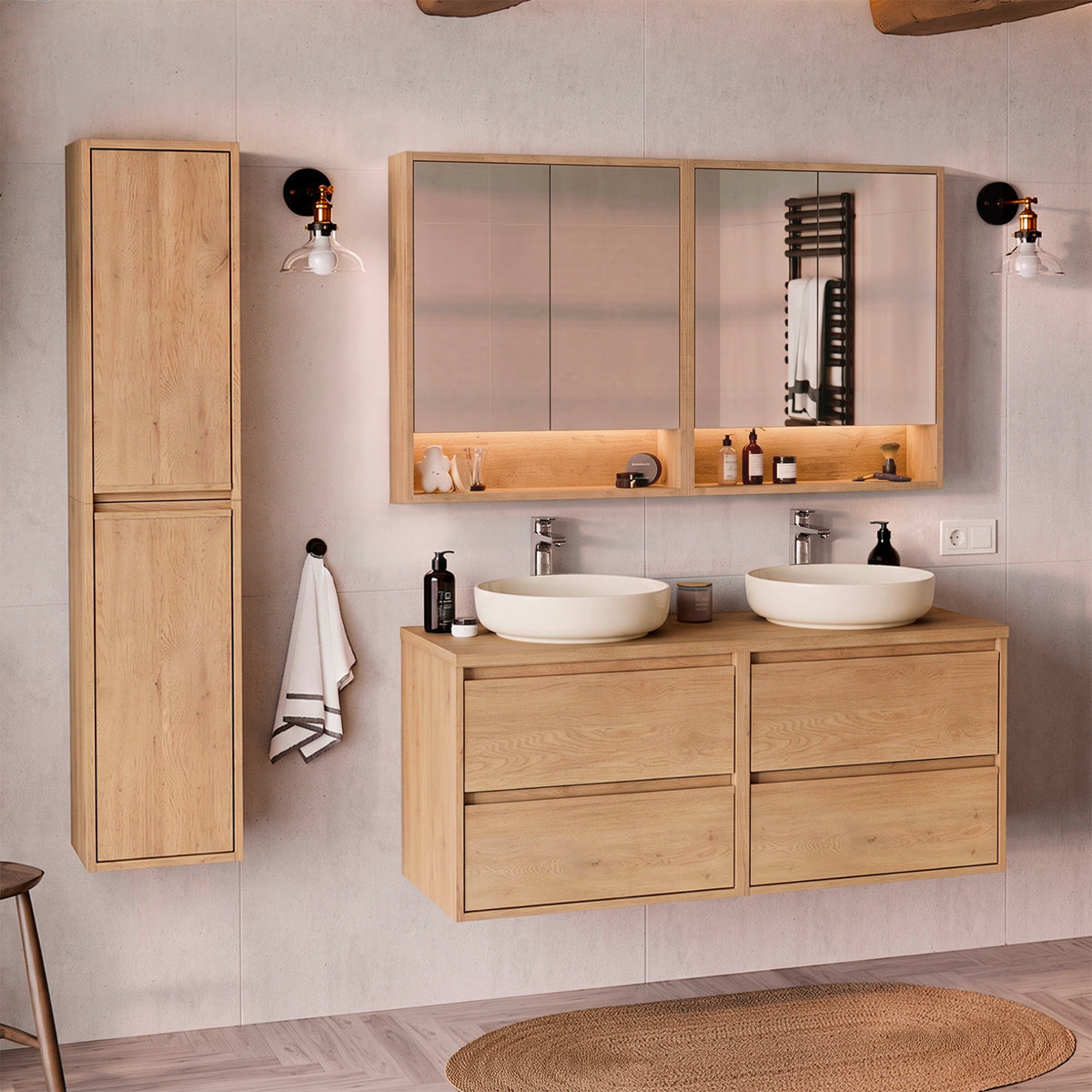 Ensemble meuble sous-vasque 120cm colonne et armoires miroir Edmé Bois - vue 9