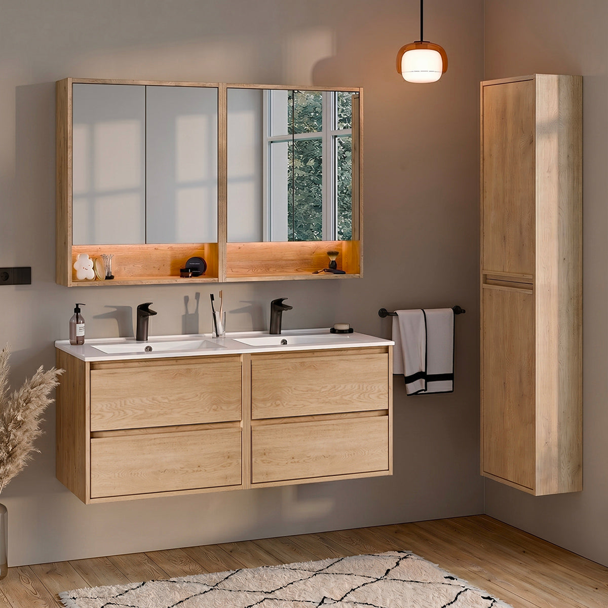 Ensemble meuble double vasque encastrée 120cm colonne et armoires miroir Edmé Bois