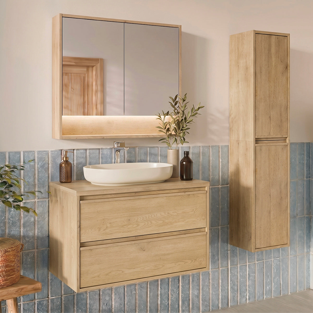 Ensemble meuble simple vasque 80cm colonne et armoire miroir Edmé Bois