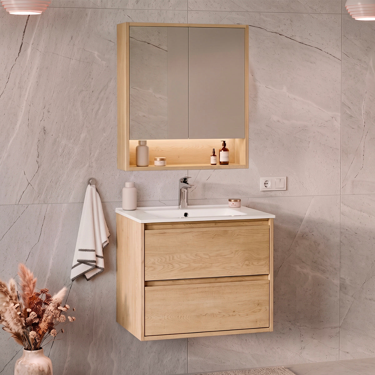 Ensemble meuble simple vasque encastrée 60cm et armoire miroir Edmé Bois