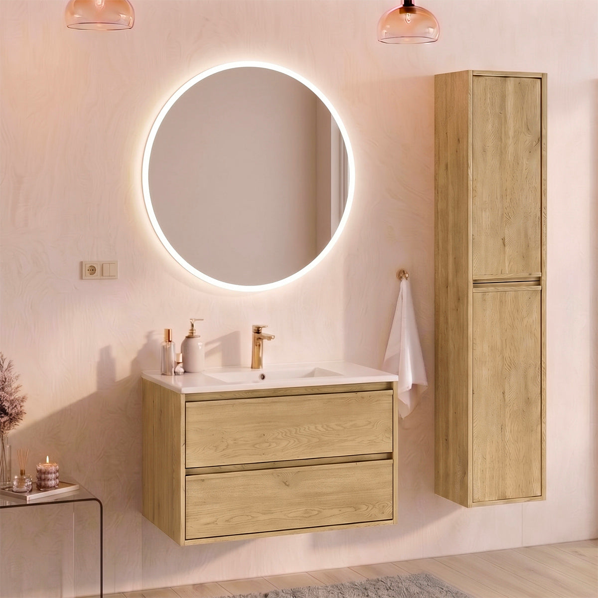 Ensemble meuble simple vasque encastrée 80cm et colonne Edmé Bois
