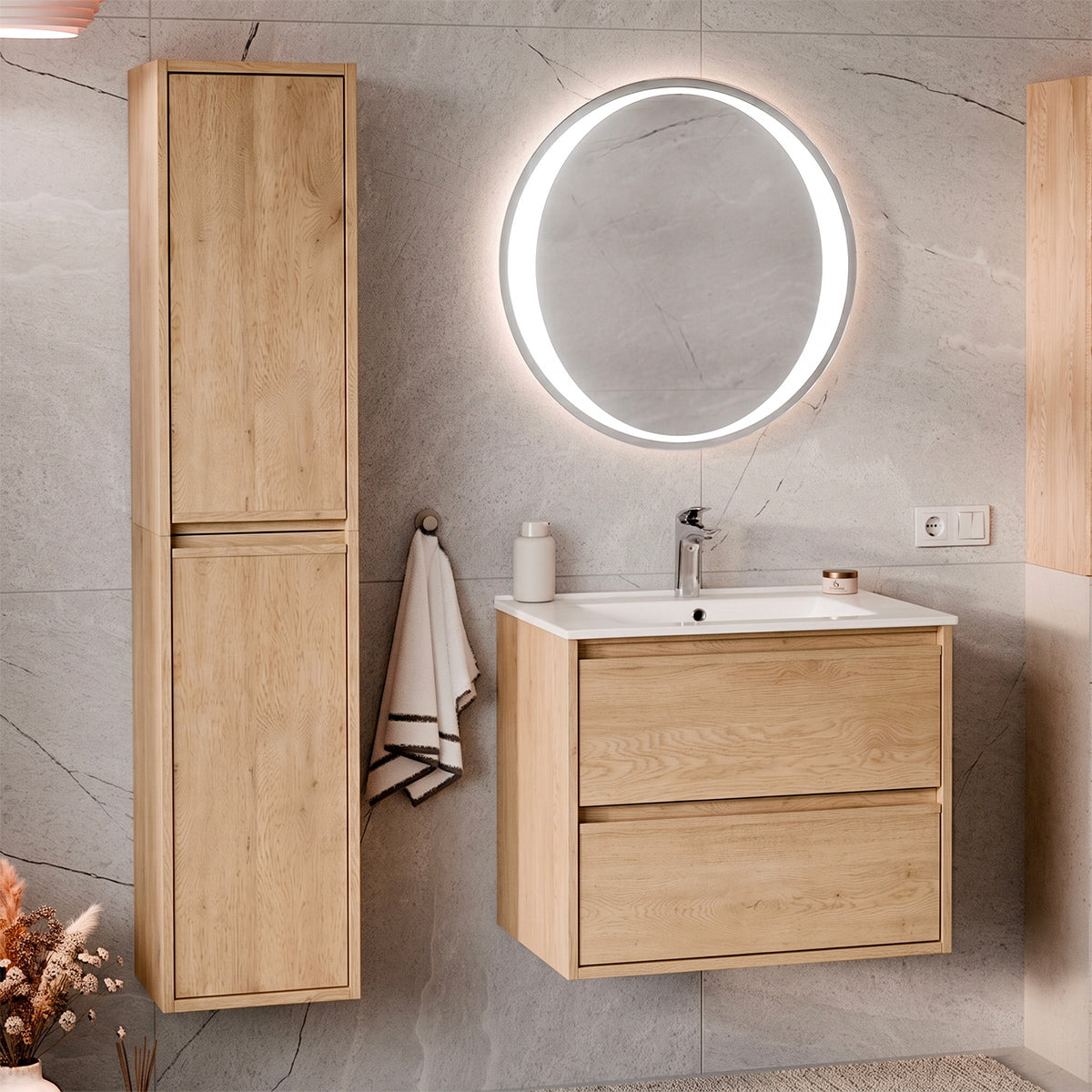 Ensemble meuble simple vasque encastrée 60cm et colonne Edmé Bois