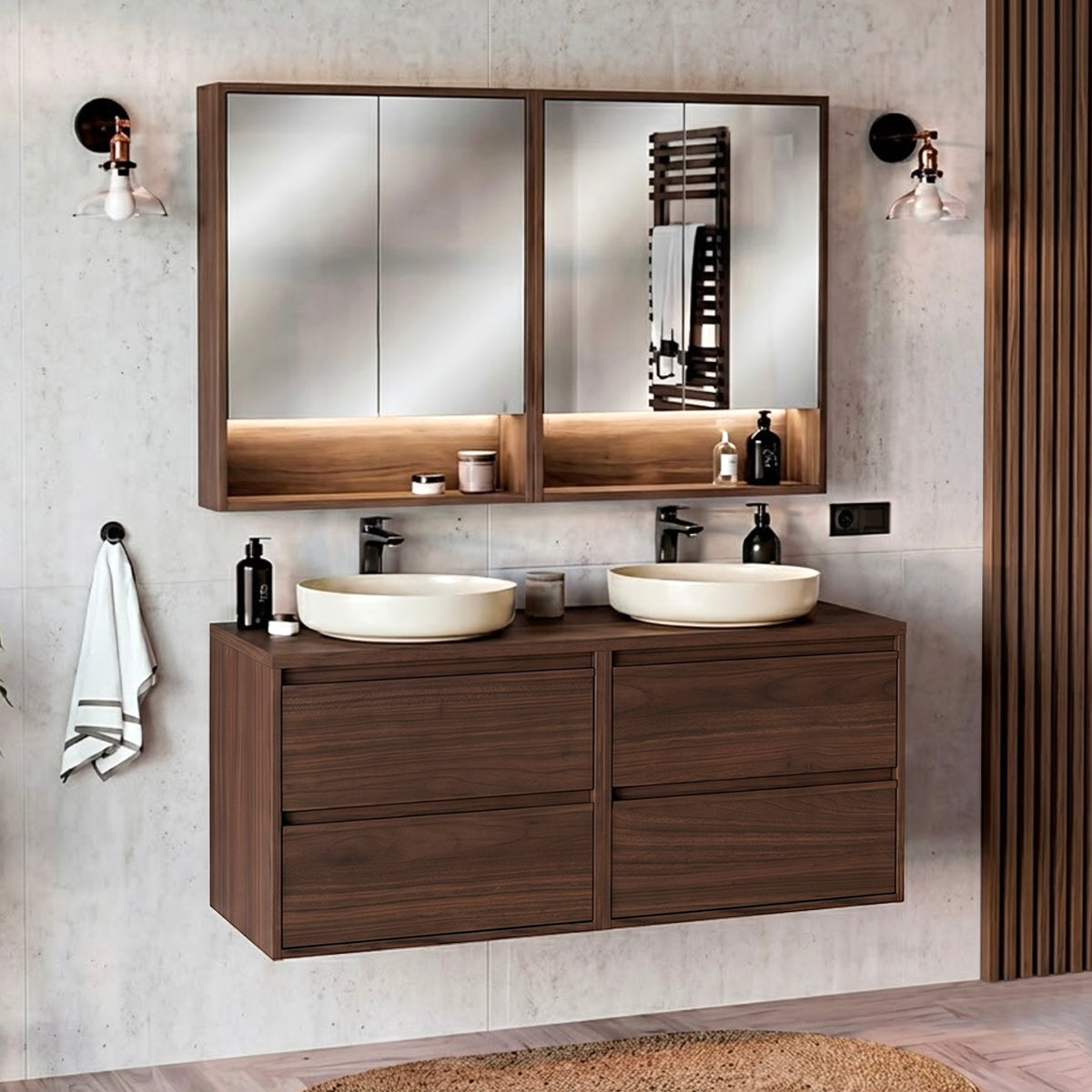 Ensemble meuble sous-vasque 120cm et armoires miroir Edmé Bois foncé - vue 7