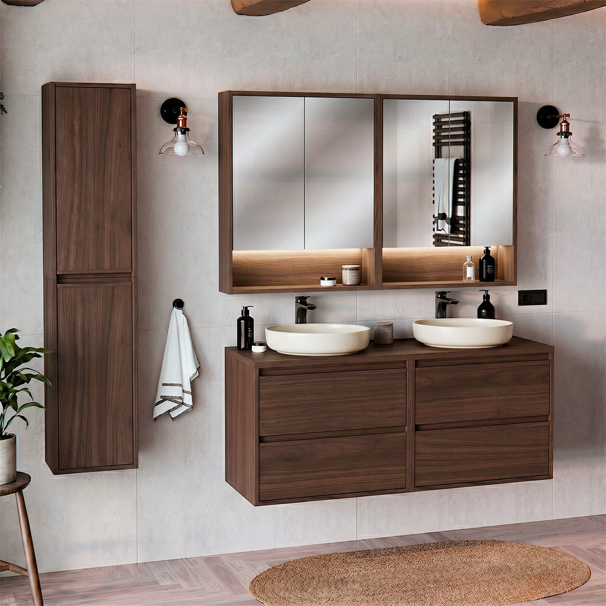 Ensemble meuble sous-vasque 120cm colonne et armoires miroir Edmé Bois foncé - vue 9