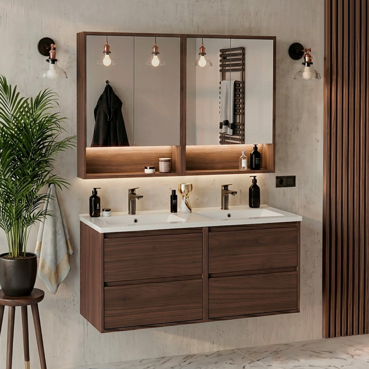 Ensemble meuble double vasque encastrée 120cm et armoires miroir Edmé Bois foncé