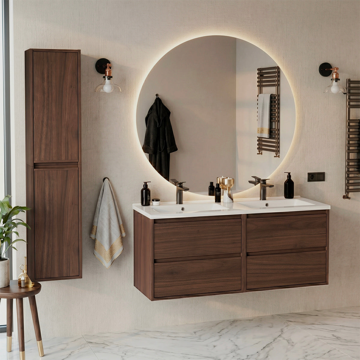 Ensemble meuble double vasque encastrée 120cm et colonne Edmé Bois foncé