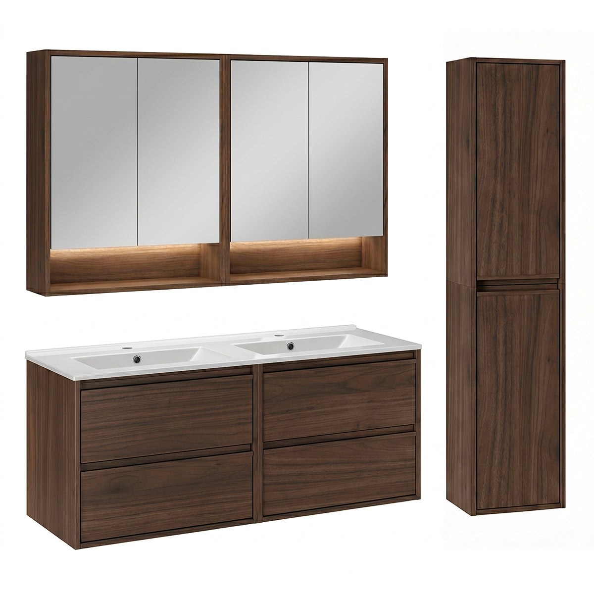 Ensemble meuble double vasque encastrée 120cm colonne et armoires miroir Edmé Bois foncé - vue 2