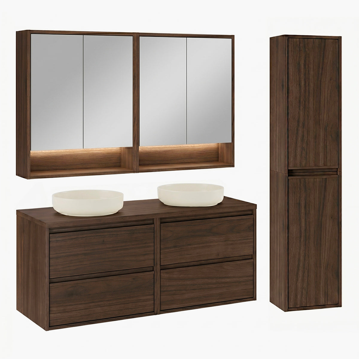 Ensemble meuble double vasque 120cm colonne et armoires miroir Edmé Bois foncé - vue 2