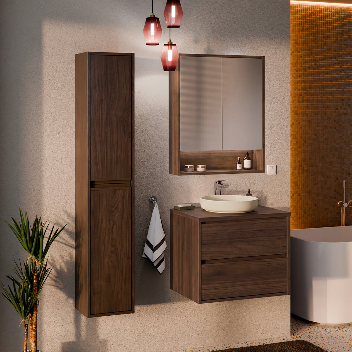 Ensemble meuble simple vasque 60cm colonne et armoire miroir Edmé Bois foncé