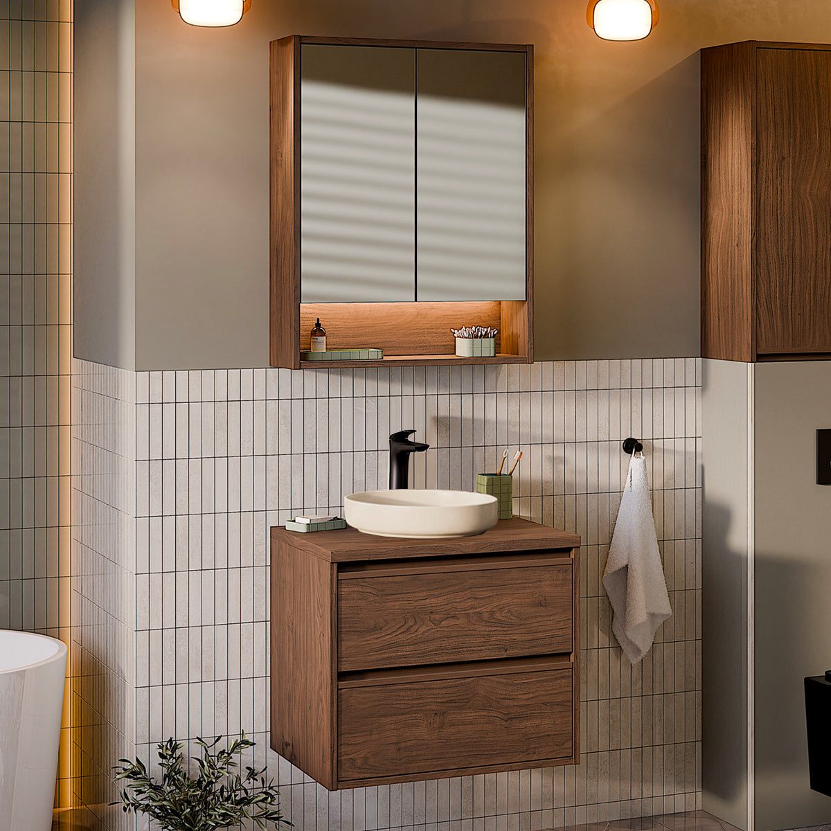 Ensemble meuble simple vasque 60cm et armoire miroir Edmé Bois foncé