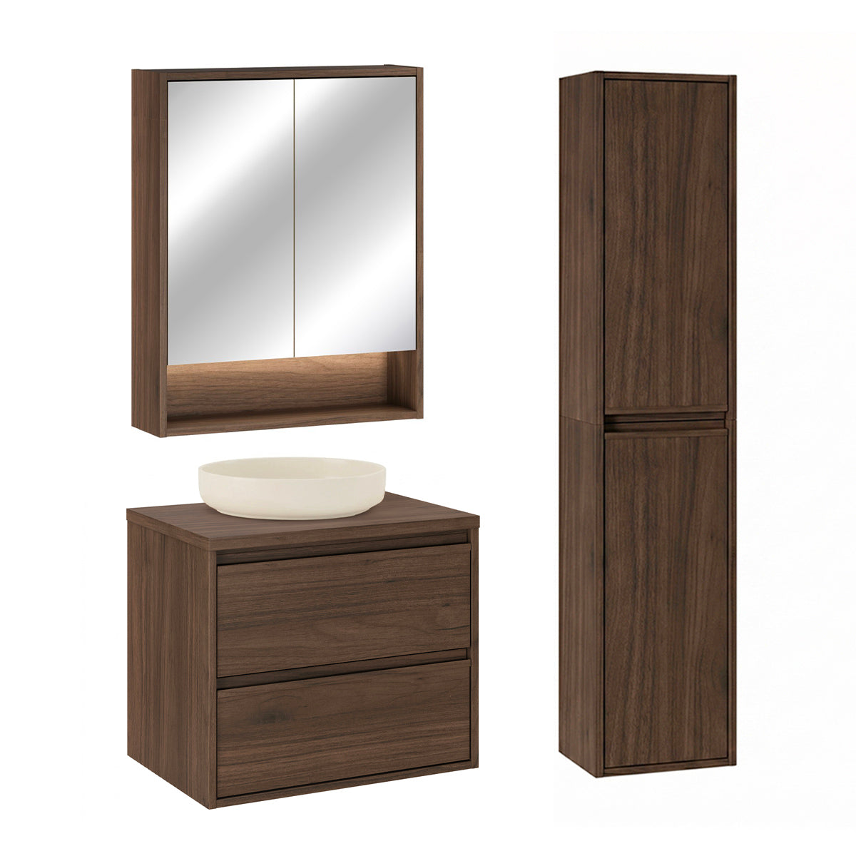Ensemble meuble simple vasque 60cm colonne et armoire miroir Edmé Bois foncé - vue 2