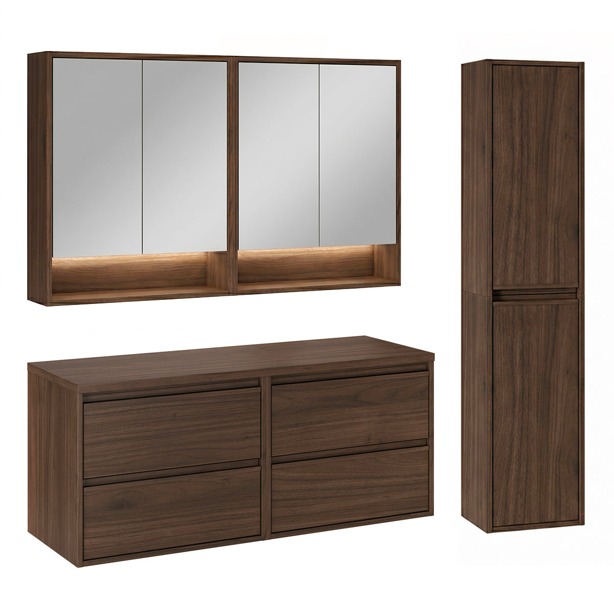 Ensemble meuble sous-vasque 120cm colonne et armoires miroir Edmé Bois foncé