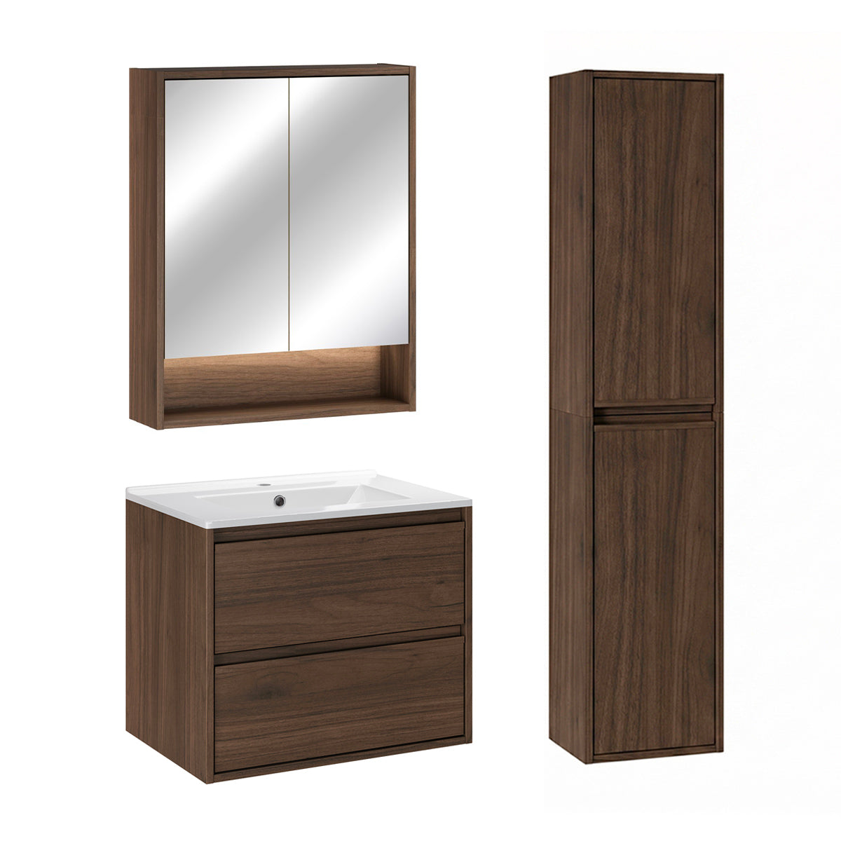 Ensemble meuble simple vasque encastrée 60cm colonne et armoire miroir Edmé Bois foncé - vue 2