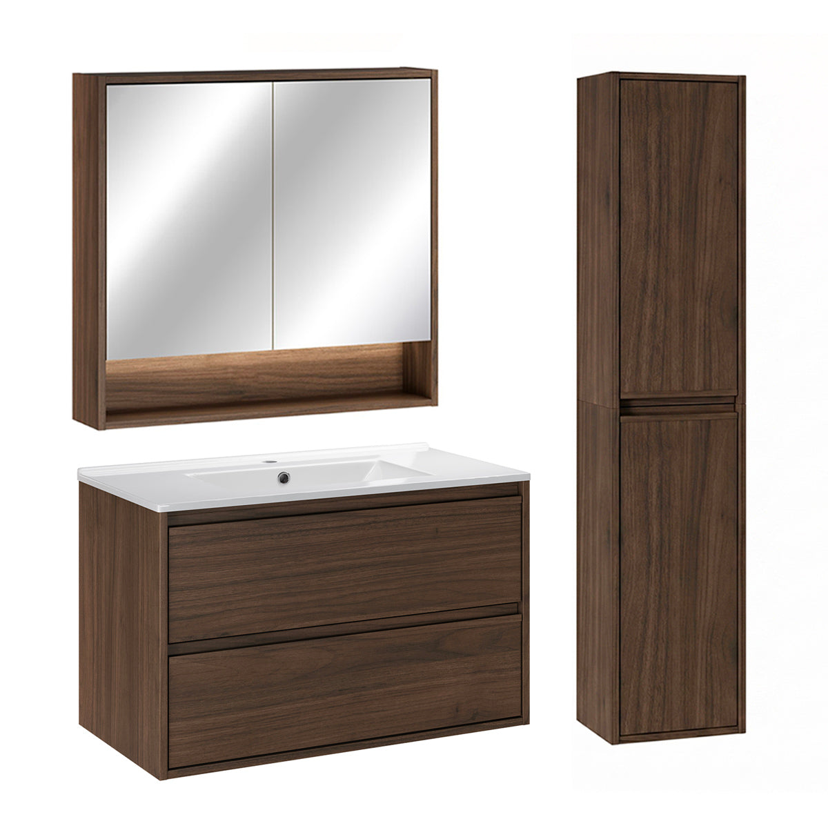 Ensemble meuble simple vasque encastrée 80cm colonne et armoire miroir Edmé Bois foncé - vue 2