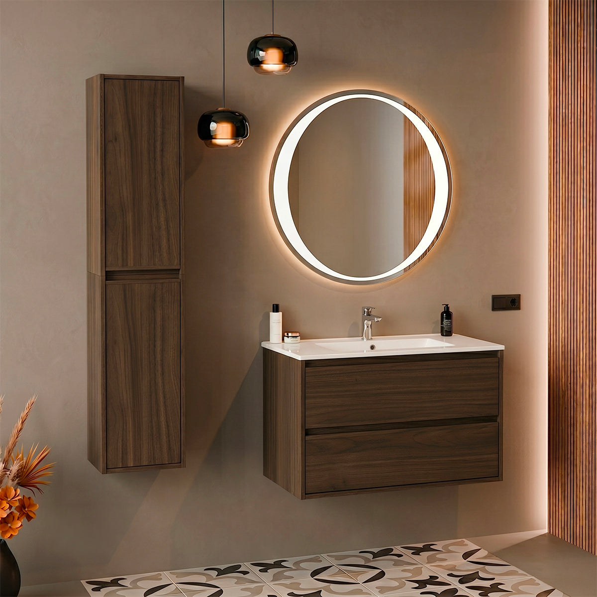 Meuble simple vasque encastrée 80cm Edmé Bois foncé - vue 5