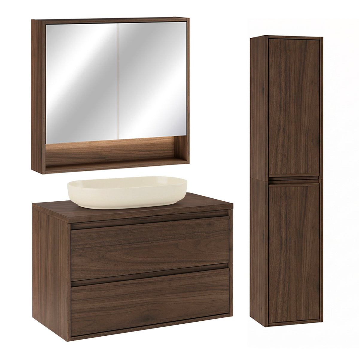 Ensemble meuble simple vasque 80cm colonne et armoire miroir Edmé Bois foncé - vue 2