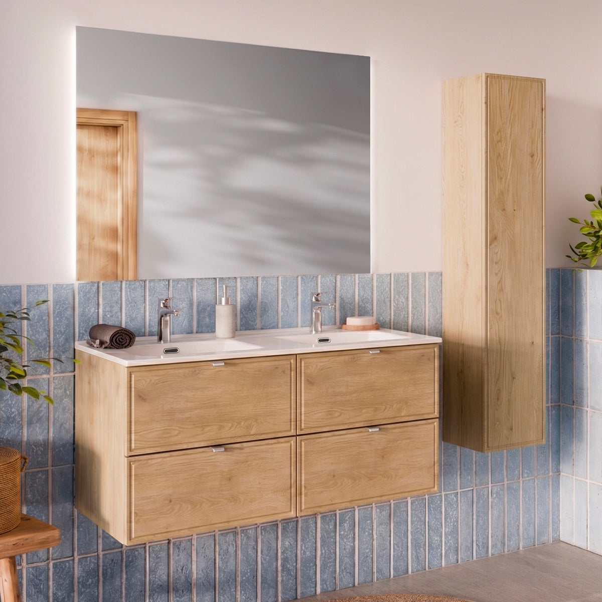 Ensemble meuble double vasque encastrée 120cm et colonne Elias Bois