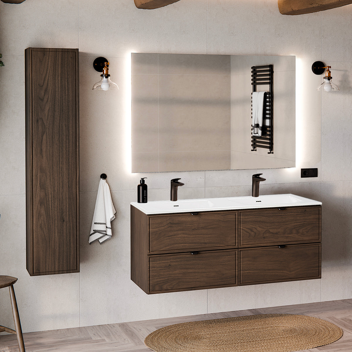 Ensemble meuble double vasque encastrée 120cm et colonne Elias Bois foncé