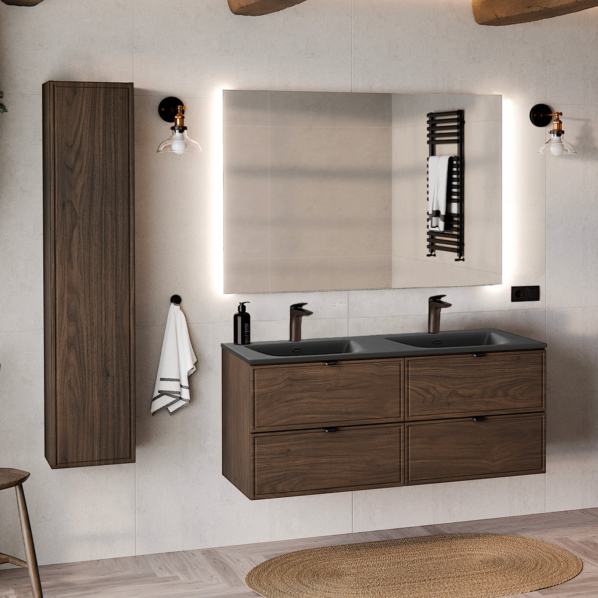 Ensemble meuble double vasque encastrée 120cm et colonne Elias Bois foncé - Vasque noire