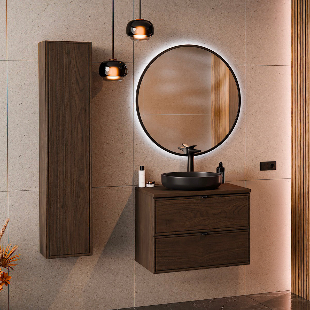 Ensemble meuble simple vasque 60cm et colonne Elias Bois foncé