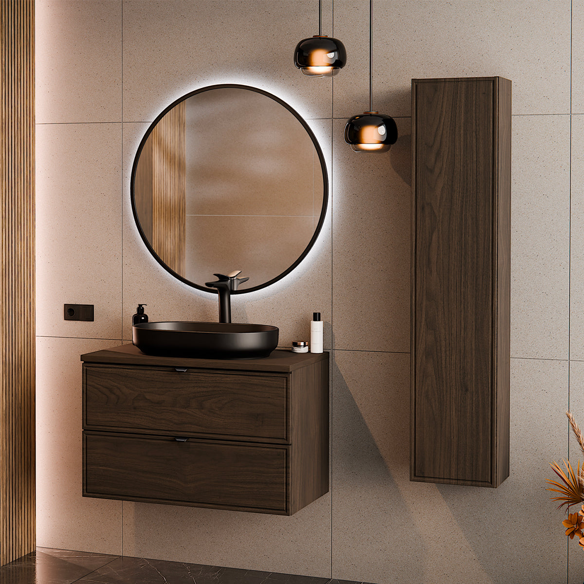 Ensemble meuble sous-vasque 80cm et colonne Elias Bois foncé - vue 7